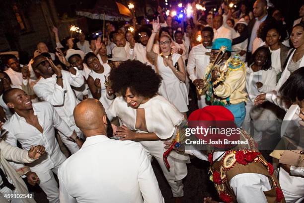 Musician Solange Knowles and her new husband, music video director Alan Ferguson attend the secondline following their wedding on the streets of New...
