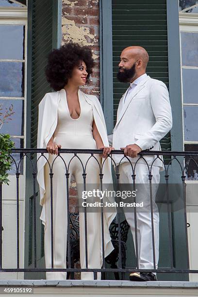 Musician Solange Knowles and her fiance, music video director Alan Ferguson pose on the balcony of a private residence in the French Quarter before...