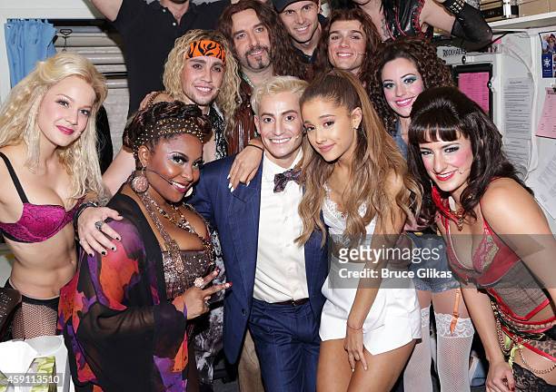 Frankie J. Grande as "Franz" and sister Ariana Grande pose with the cast backstage at the hit musical "Rock Of Ages" on Broadway at The Helen Hayes...