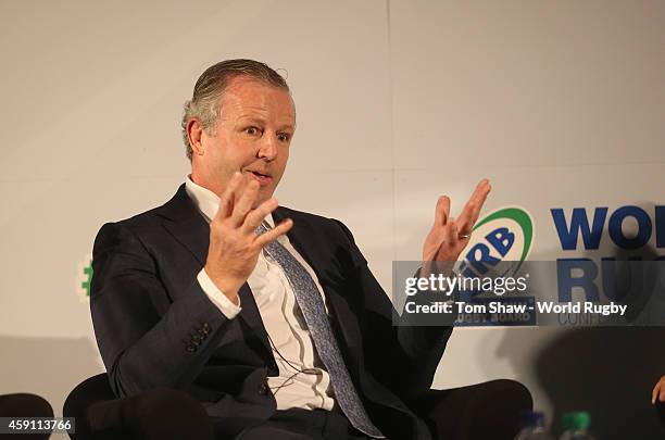 Sean Fitzpatrick former All Black Captain talks to the delegates during the Q&A session State of the Union - Legends of the Game during the IRB World...