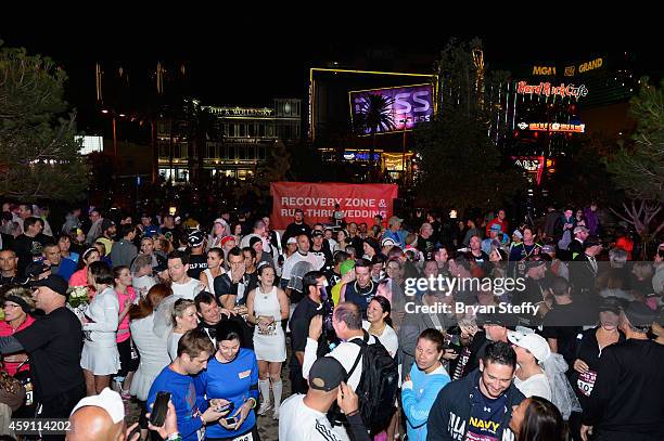 Couples tied the knot on the go at the run thru wedding at the monte carlo plaza during the rock n roll Las Vegas marathon and 1/2 marathon...