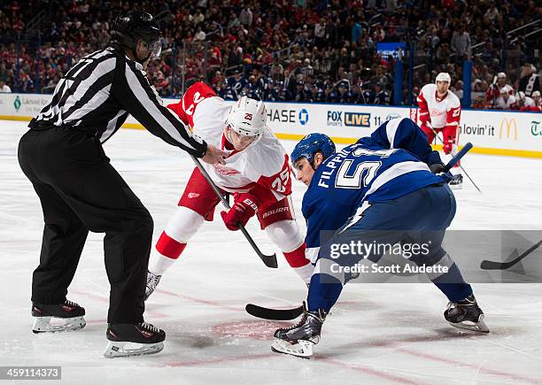 Valtteri Filppula of the Tampa Bay Lightning faces off against Cory Emmerton of the Detroit Red Wings during the second period at the Tampa Bay Times...
