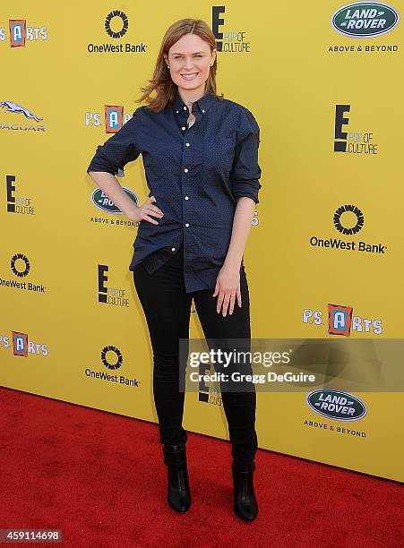 Actress Emily Deschanel arrives at the P.S. ARTS Express Yourself 2014 at The Barker Hanger on November 16, 2014 in Santa Monica, California.