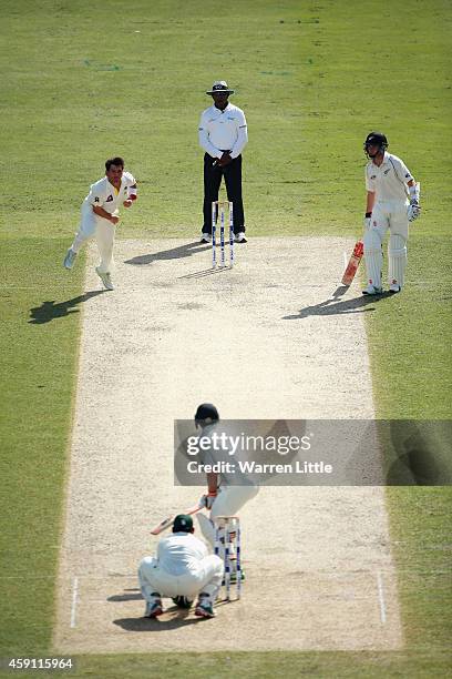 Yasir Shah of Pakistan bowls during day one of the second test between Pakistan and New Zealand at Dubai International Stadium on November 17, 2014...