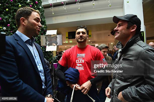 Boxer Nathan Cleverly with promoter Eddie Hearn and former boxer Joe Calzaghe during a public workout ahead of his fight against Tony Bellew at the...