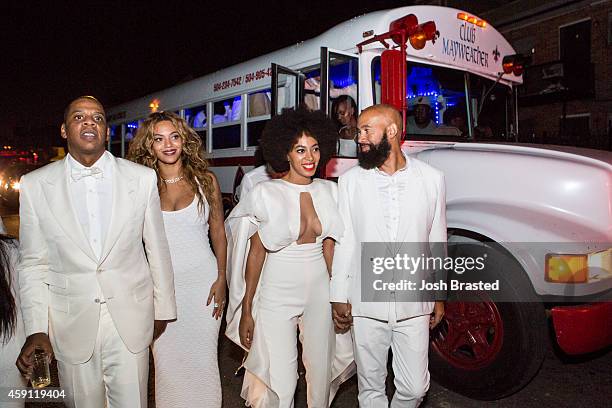 Jay-Z, Beyonce Knowles, Solange Knowles and her new husband, music video director Alan Ferguson, attend the secondline following their wedding on...