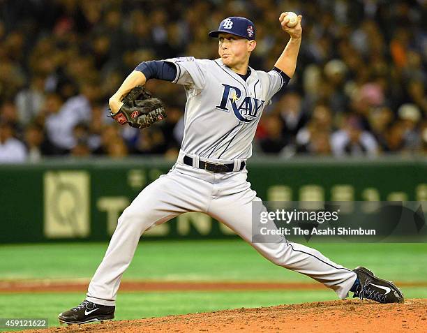 Jeff Beliveau of the Tampa Bay Rays pitches in the bottom of seventh inning during the game three of Samurai Japan and MLB All Stars at Tokyo Dome on...