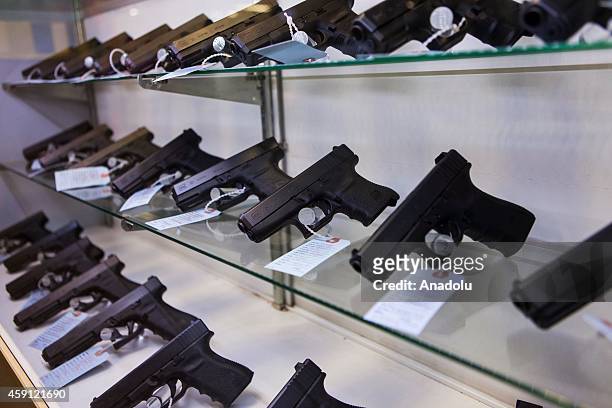 Handguns are seen at Metro Shooting Supplies on November 16, 2014 in Bridgeton, Missouri as the gun shop near Ferguson sees increase in business...