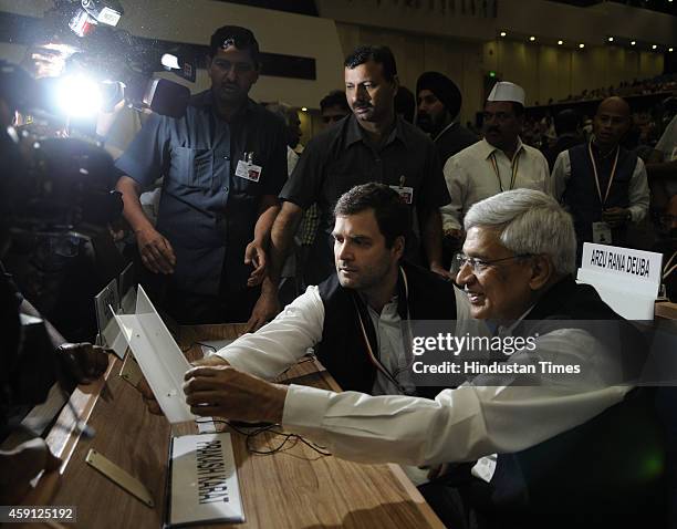 Congress Vice President Rahul Gandhi with CPI General Secretary Prakash Karat during the inauguration of two-day international conference to mark the...