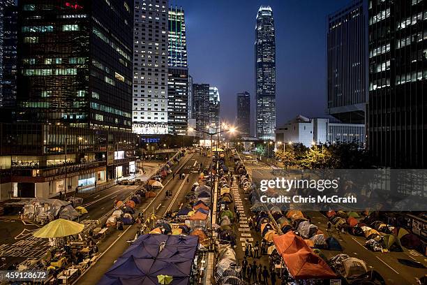 General view of the Admiralty protest site on the road outside the Hong Kong Government complex on November 17, 2014 in Hong Kong. Hong Kong's high...