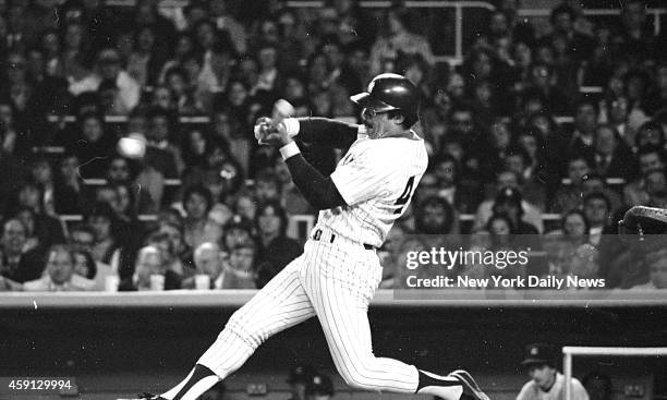 New York Yankees vs Kansas City Royals Yankee powerhouse Reggie Jackson uncorks a shot against the Kansas City Royals in the first inning at Yankee...