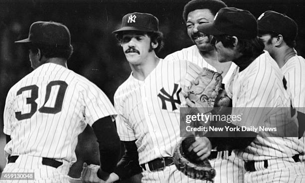 New York Yankees vs Kansas City Royals Ron Guidry is congratulated by Yankees after getting final out to even playoff series with Royals at Stadium.