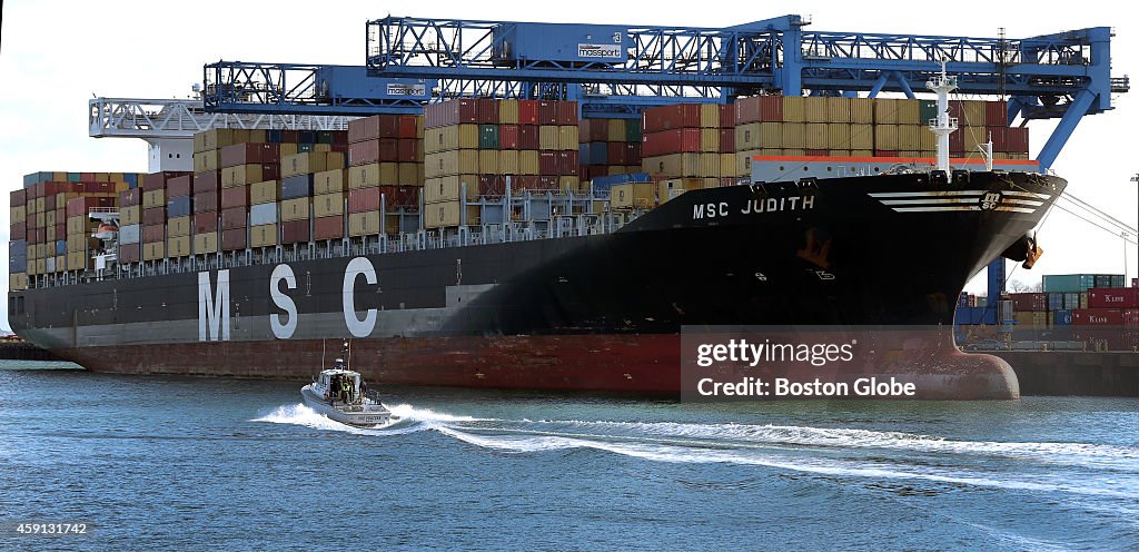 Harbor's Largest Container Ship Docks In Boston