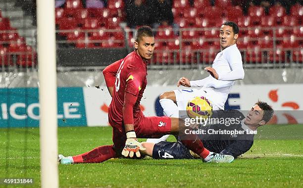 Tom Ince of England shoots past goalkeeper Alphonse Areola and defender Aymeric Laporte of France during the U21 International Friendly match between...