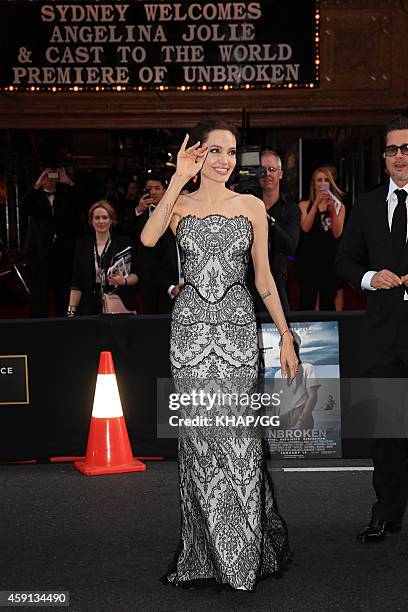 Angelina Jolie and Brad Pitt walk the red carpet at the Unbroken world premiere on November 17, 2014 in Sydney, Australia.