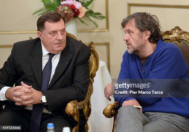 Milorad Dodik, President of Republika Srpska and Emir Kusturica attend a press conference on November 17, 2014 in Milan, Italy.