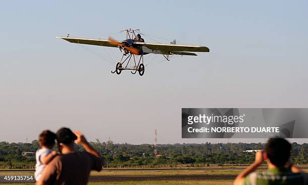 Paraguayan aviation engineer Juan Carlos Parini flies a replica of the Deperdussin aircraft used by the first Paraguayan pilot Silvio Pettirossi,...