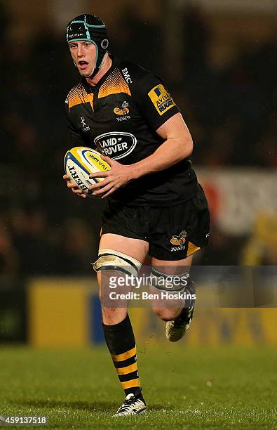 James Gaskell of Wasps in action during the Aviva Premiership match between Wasps and London Welsh at Adams Park on November 16, 2014 in High...