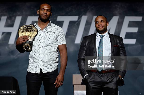Light heavyweight champion Jon Jones and challenger Daniel Cormier pose for the media during the UFC Time Is Now press conference at The Smith Center...