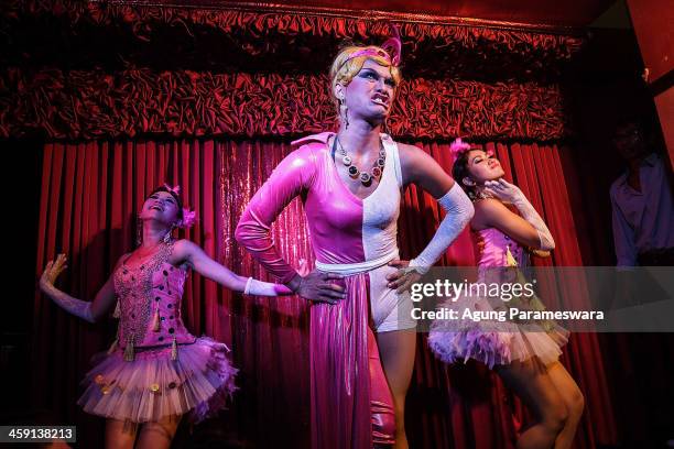 Indonesian drag queen Ayubie performs during the 5th anniversary celebrations of Bali Joe Bar, one of the most famous gay bars in Bali on December...