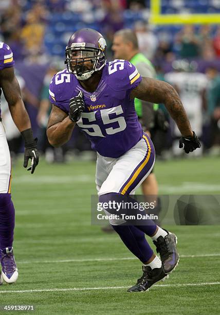 Marvin Mitchell of the Minnesota Vikings warms up prior to an NFL game against the Philadelphia Eagles at Mall of America Field, on December 15, 2013...