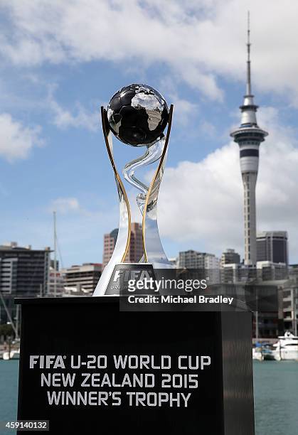 View of the FIFA U20 World Cup at downtown Auckland with the Sky Tower in the background on November 18, 2014 in Auckland, New Zealand. The FIFA U20...