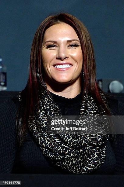 Women's bantamweight Cat Zingano interacts with the crowd during the UFC Time Is Now press conference at The Smith Center for the Performing Arts on...