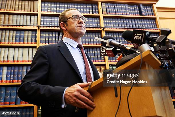 Newly appointed Labour leader Andrew Little speaks to the media during a press conference at Parliament House on November 18, 2014 in Wellington, New...