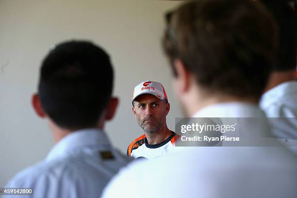 Simon Katich, Giants Football Operations Manager, speaks during a Greater Western Sydney Giants AFL press conference at Sydney Olympic Park Sports...