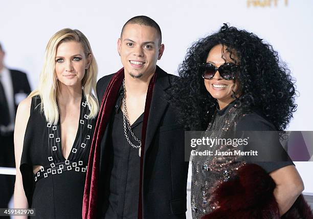 Singer Ashlee Simpson, actor/musician Evan Ross and singer Diana Ross attend the Premiere of Lionsgate's "The Hunger Games: Mockingjay - Part 1" at...