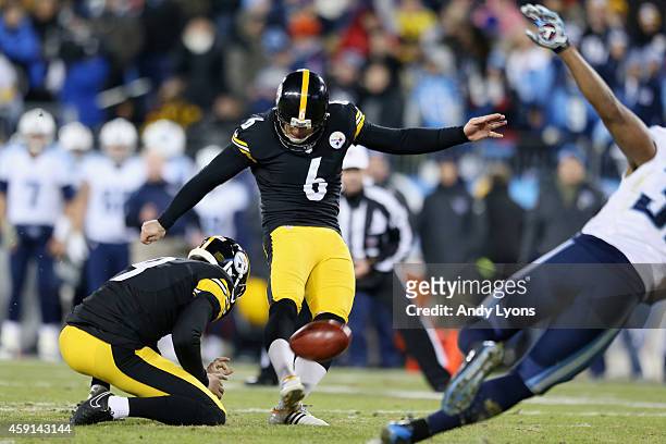 Shaun Suisham of the Pittsburgh Steelers kicks a field goal in the first quarter against the Tennessee Titans at LP Field on November 17, 2014 in...