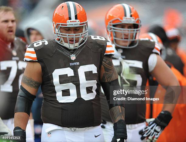 Offensive linemen Shawn Lauvao of the Cleveland Browns walks on the sideline after a offensive series during a game against the Chicago Bears at...