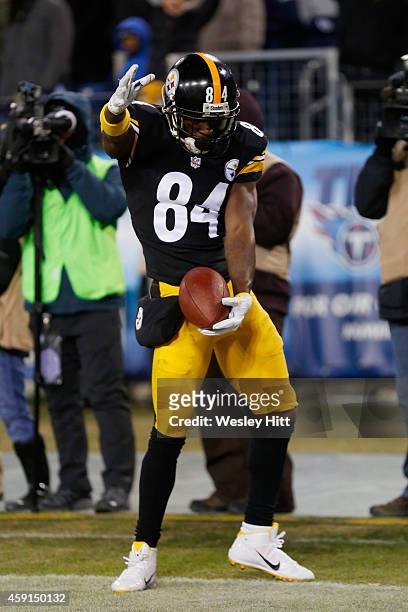 Antonio Brown of the Pittsburgh Steelers celebrates his touchdown against the Tennessee Titans in the fourth quarter of the game at LP Field on...