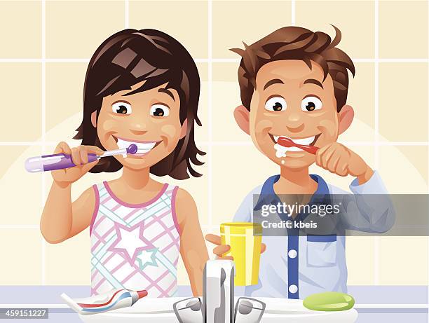 stockillustraties, clipart, cartoons en iconen met boy and girl brushing teeth - electric toothbrush