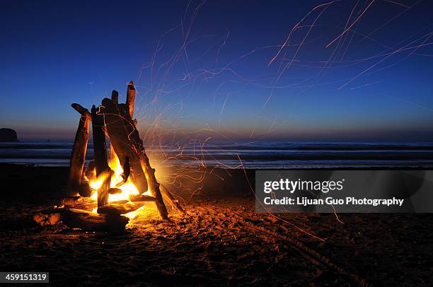 campfire on shi shi beach - beach night stockfoto's en -beelden