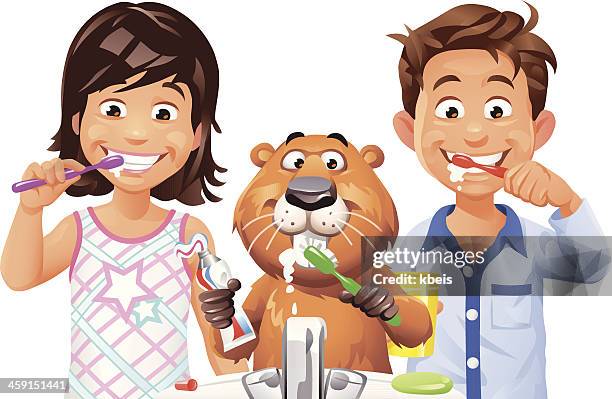 kids and beaver brushing teeth - child headshot white background stock illustrations