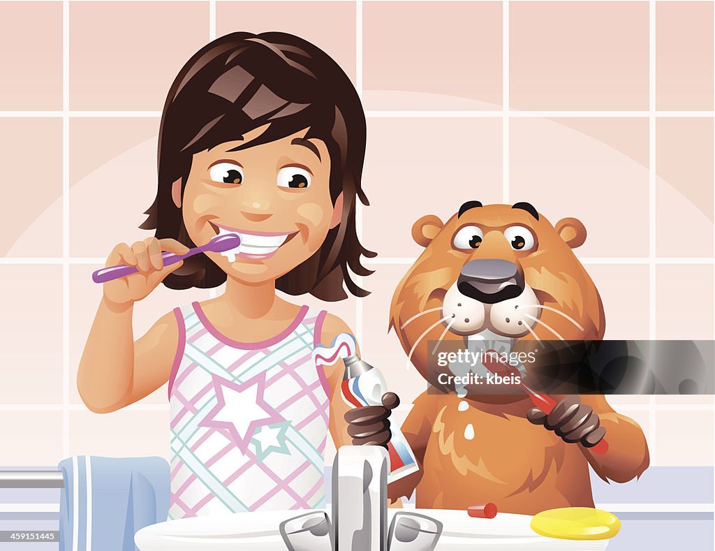 Girl and Beaver Brushing Teeth