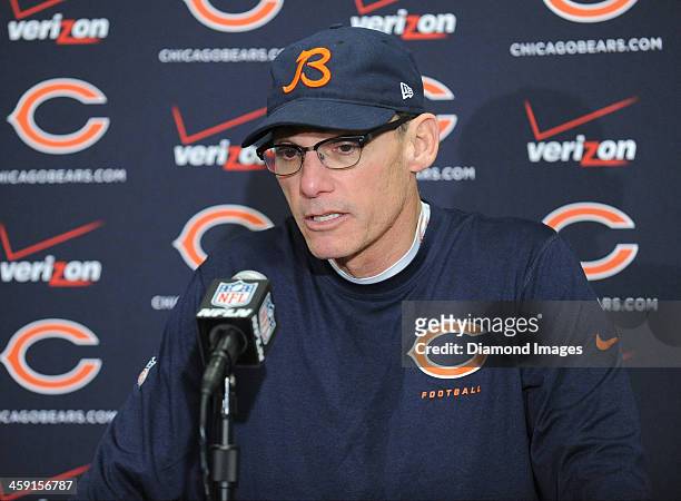 Head coach Mark Marc Trestman of the Chicago Bears answers questions from the media during the post game press conference after a game against the...