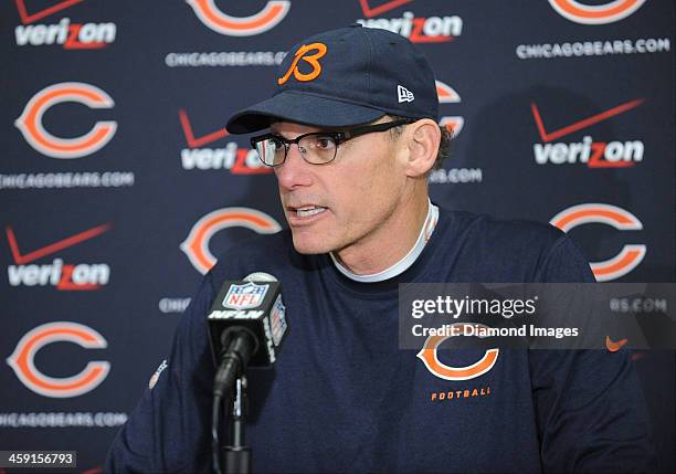 Head coach Mark Marc Trestman of the Chicago Bears answers questions from the media during the post game press conference after a game against the...