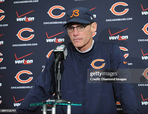 Head coach Mark Marc Trestman of the Chicago Bears answers questions from the media during the post game press conference after a game against the...