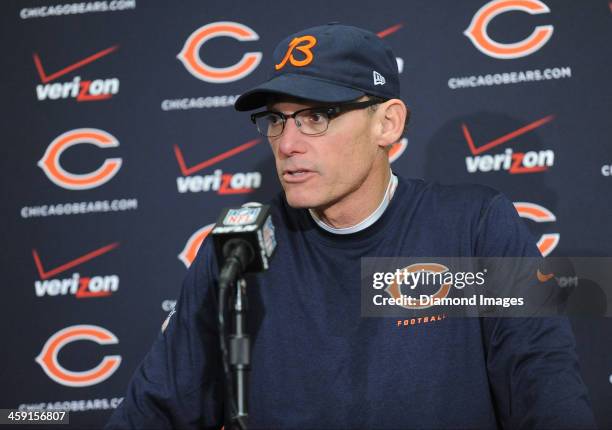 Head coach Mark Marc Trestman of the Chicago Bears answers questions from the media during the post game press conference after a game against the...