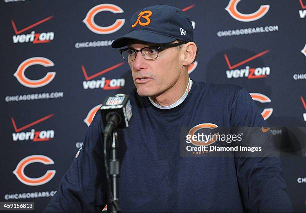 Head coach Mark Marc Trestman of the Chicago Bears answers questions from the media during the post game press conference after a game against the...