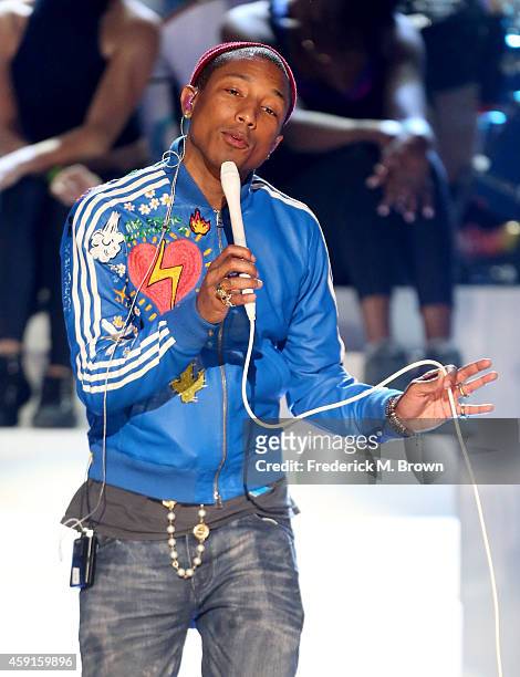 Recording artist/ producer Pharrell Williams performs onstage during rehearsals for A VERY GRAMMY CHRISTMAS at The Shrine Auditorium on November 17,...