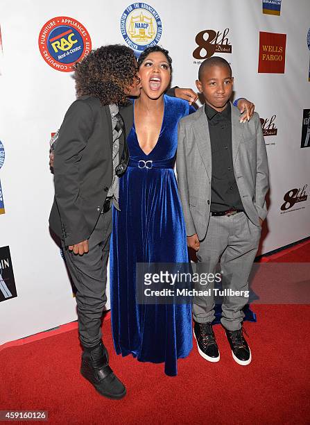 Singer Toni Braxton poses with sons Diezel Ky Braxton-Lewis and Denim Cole Braxton-Lewis at the 24th Annual NAACP Theatre Awards at Saban Theatre on...