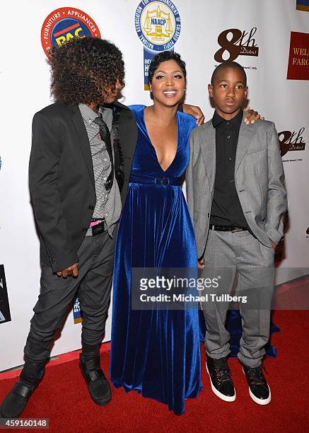 Singer Toni Braxton poses with sons Diezel Ky Braxton-Lewis and Denim Cole Braxton-Lewis at the 24th Annual NAACP Theatre Awards at Saban Theatre on...