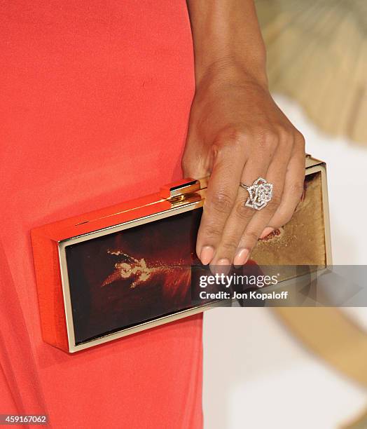 Actress Meta Golding arrives at the Los Angele Premiere "The Hunger Games: Mockingjay Part 1" at Nokia Theatre L.A. Live on November 17, 2014 in Los...