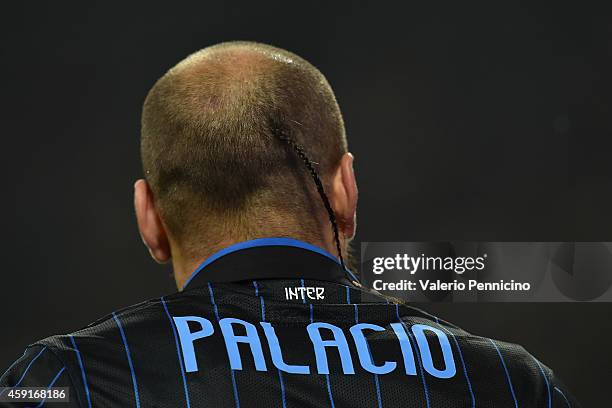 Detail of the hair of Rodrigo Palacio of FC Internazionale Milano looks on during the Serie A match between FC Internazionale Milano and Hellas...