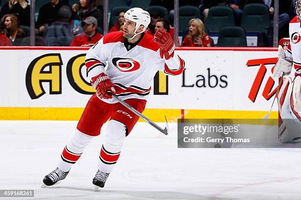 Jay Harrison of the Carolina Hurricanes skates against the Calgary Flames at Scotiabank Saddledome on December 12, 2013 in Calgary, Alberta, Canada....