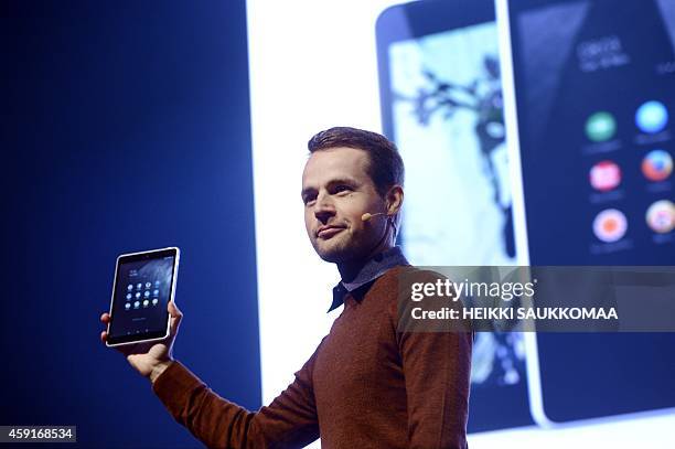 Head of Product Business at Nokia Technologies, Sebastian Nyström presents Nokia's new N1 Android Table at the Slush 2014 event in Helsinki, Finland...