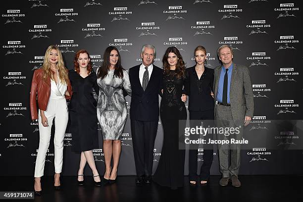Gigi Hadid, Karen Elson, Candice Huffine, Marco Tronchetti Provera, Isabeli Fontana and Sasha Luss attend the 2015 Pirelli Calendar Press Conference...